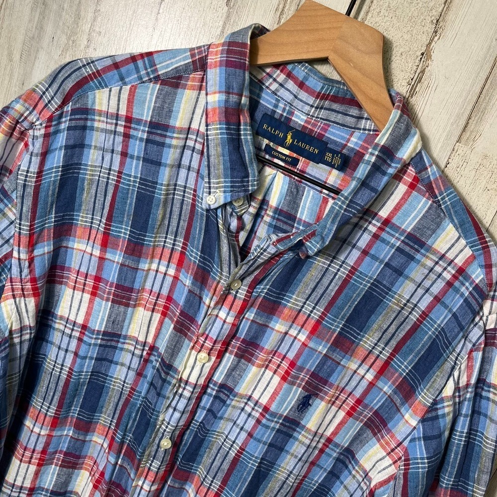 Polo Ralph Lauren Blue Plaid 100% Linen Short Sleeve Button Down‎ Shirt Mens XXL
